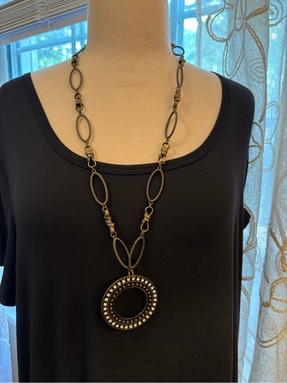 Vintage-Inspired Long Oval Pendant Necklace in Antique Gold